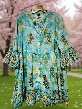 XL🩵Tie Dye Blue Green Printed Button-Front Tunic Dress with Ruffled Sleeves